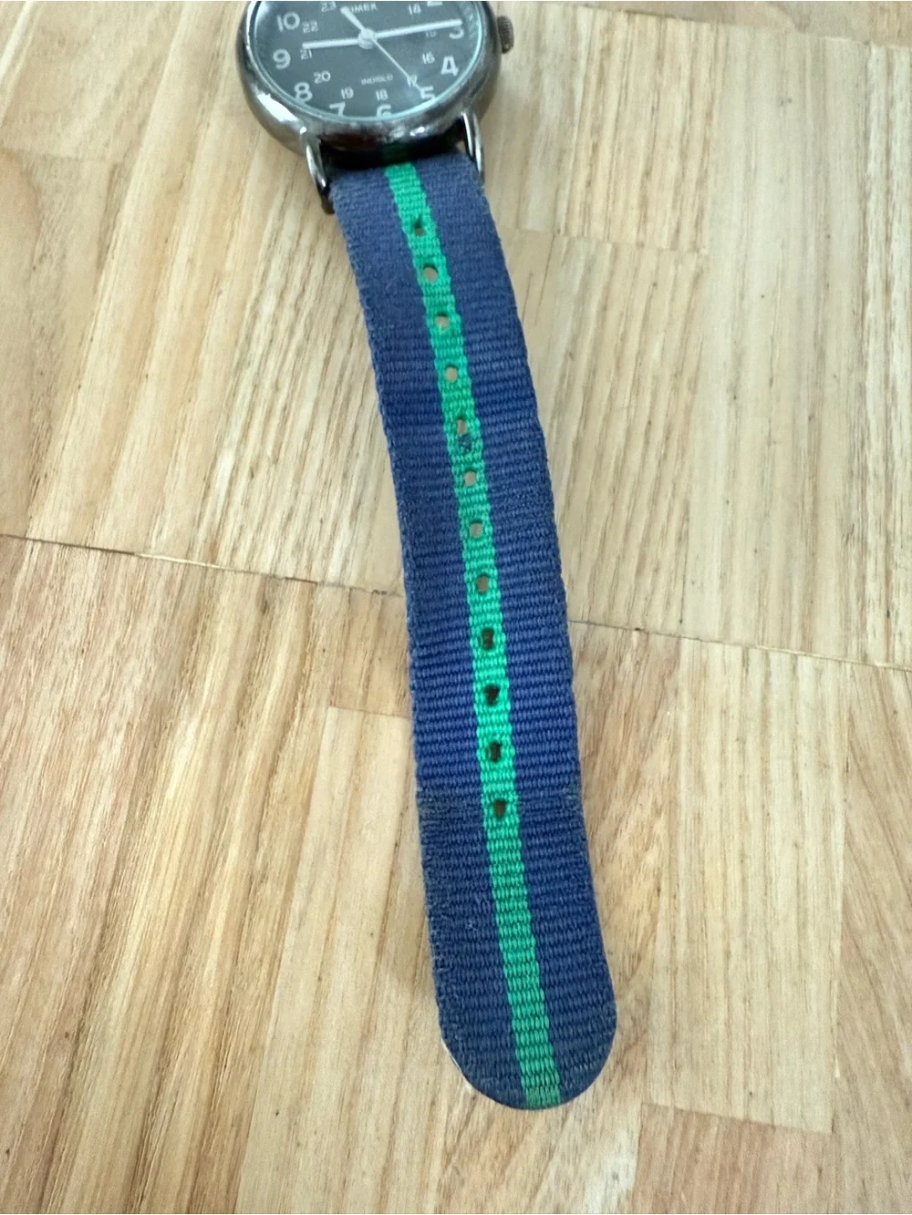 Timex weekender charcoal dial green navy blue stripe strap watch NEW BATTERY